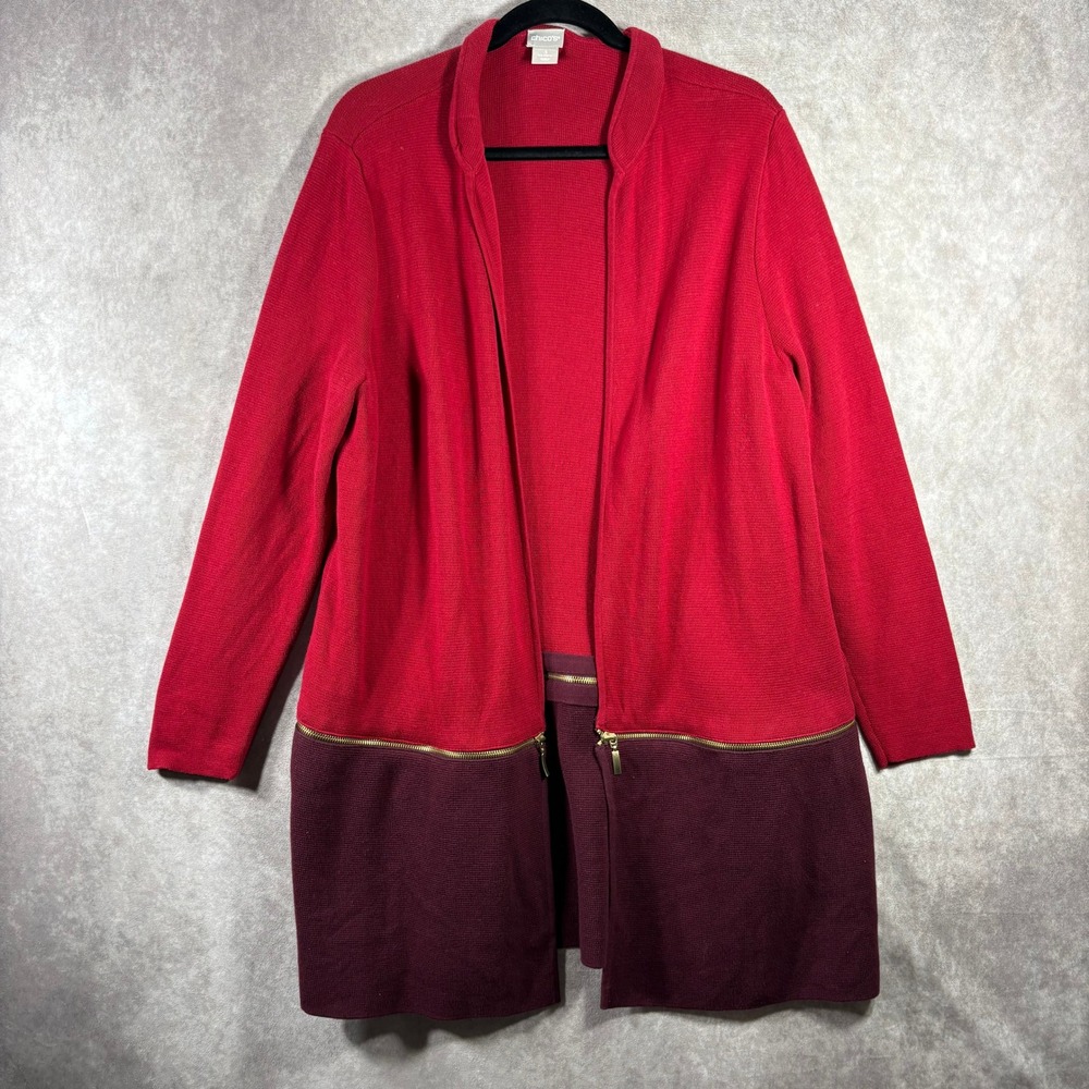 Chico's Cardigan Sweater XL Red Colorblock Zip Accent Open Front Cotton Knit